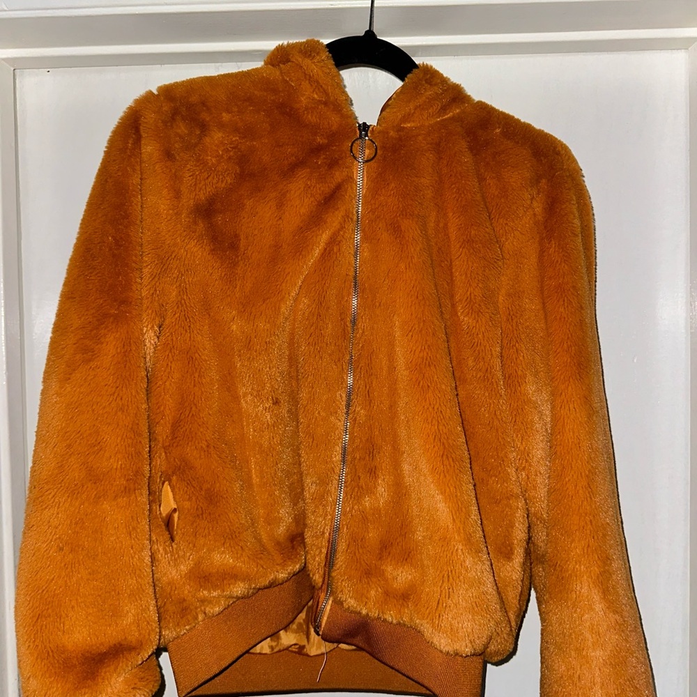 Faux Fur Zip-Up Jacket in Rust